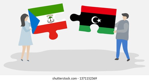 Couple holding two puzzles pieces with Equatorial Guinean and Libyan flags. Equatorial Guinea and Libya national symbols together.