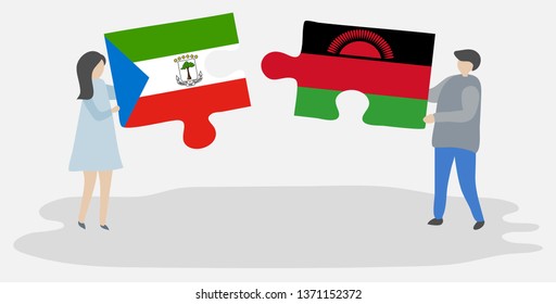 Couple holding two puzzles pieces with Equatorial Guinean and Malawian flags. Equatorial Guinea and Malawi national symbols together.