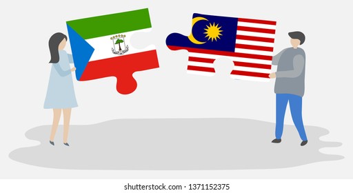 Couple holding two puzzles pieces with Equatorial Guinean and Malaysian flags. Equatorial Guinea and Malaysia national symbols together.