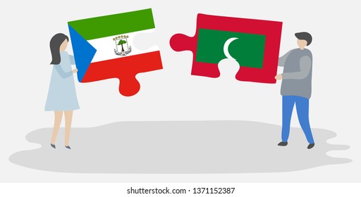 Couple holding two puzzles pieces with Equatorial Guinean and Maldivian flags. Equatorial Guinea and Maldives national symbols together.