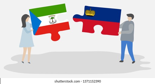 Couple holding two puzzles pieces with Equatorial Guinean and Liechtenstein flags. Equatorial Guinea and Liechtenstein national symbols together.
