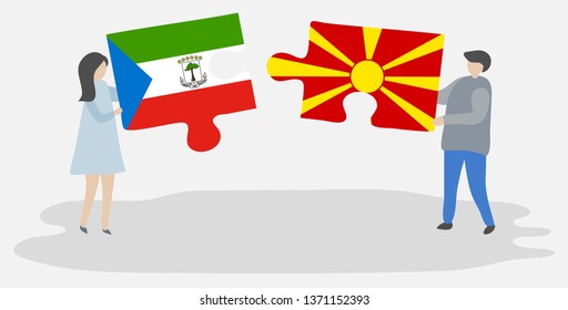 Couple holding two puzzles pieces with Equatorial Guinean and Macedonian flags. Equatorial Guinea and Macedonia national symbols together.