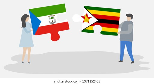 Couple holding two puzzles pieces with Equatorial Guinean and Zimbabwean flags. Equatorial Guinea and Zimbabwe national symbols together.