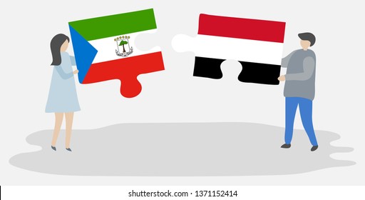 Couple holding two puzzles pieces with Equatorial Guinean and Yemeni flags. Equatorial Guinea and Yemen national symbols together.