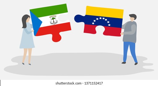 Couple holding two puzzles pieces with Equatorial Guinean and Venezuelan flags. Equatorial Guinea and Venezuela national symbols together.