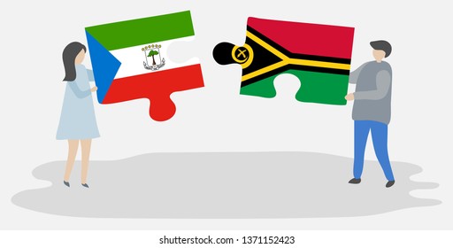 Couple holding two puzzles pieces with Equatorial Guinean and Vanuatuan flags. Equatorial Guinea and Vanuatu national symbols together.