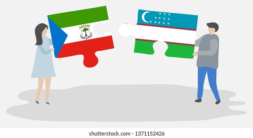 Couple holding two puzzles pieces with Equatorial Guinean and Uzbek flags. Equatorial Guinea and Uzbekistan national symbols together.