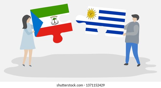 Couple holding two puzzles pieces with Equatorial Guinean and Uruguayan flags. Equatorial Guinea and Uruguay national symbols together.