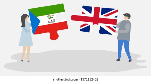 Couple holding two puzzles pieces with Equatorial Guinean and British flags. Equatorial Guinea and United Kingdom national symbols together.