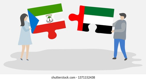 Couple holding two puzzles pieces with Equatorial Guinean and Emirian flags. Equatorial Guinea and United Arab Emirates national symbols together.