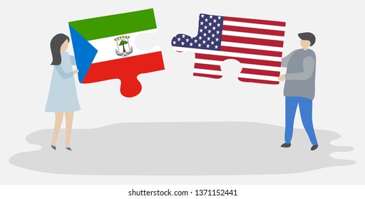 Couple holding two puzzles pieces with Equatorial Guinean and American flags. Equatorial Guinea and United States of America national symbols together.