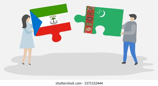 Couple holding two puzzles pieces with Equatorial Guinean and Turkmen flags. Equatorial Guinea and Turkmenistan national symbols together.