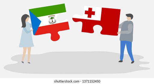 Couple holding two puzzles pieces with Equatorial Guinean and Tongan flags. Equatorial Guinea and Tonga national symbols together.