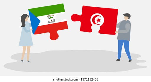 Couple holding two puzzles pieces with Equatorial Guinean and Tunisian flags. Equatorial Guinea and Tunisia national symbols together.