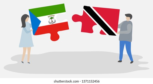 Couple holding two puzzles pieces with Equatorial Guinean and Trinidadian flags. Equatorial Guinea and Trinidad and Tobago national symbols together.