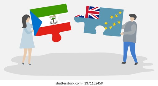 Couple holding two puzzles pieces with Equatorial Guinean and Tuvaluan flags. Equatorial Guinea and Tuvalu national symbols together.