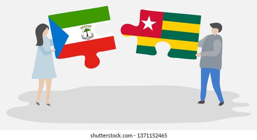 Couple holding two puzzles pieces with Equatorial Guinean and Togolese flags. Equatorial Guinea and Togo national symbols together.
