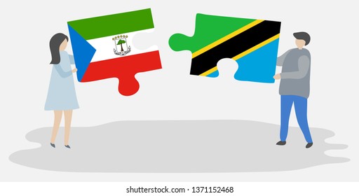 Couple holding two puzzles pieces with Equatorial Guinean and Tanzanian flags. Equatorial Guinea and Tanzania national symbols together.