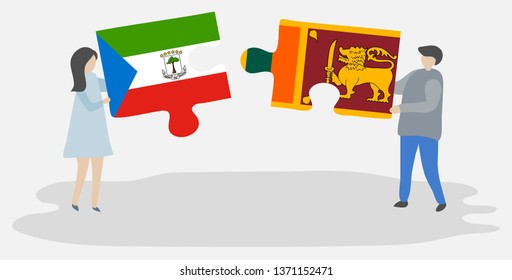 Couple holding two puzzles pieces with Equatorial Guinean and Sri Lankan flags. Equatorial Guinea and Sri Lanka national symbols together.