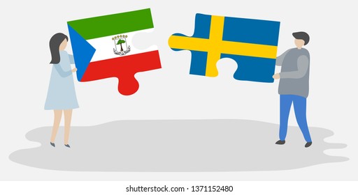 Couple holding two puzzles pieces with Equatorial Guinean and Swedish flags. Equatorial Guinea and Sweden national symbols together.