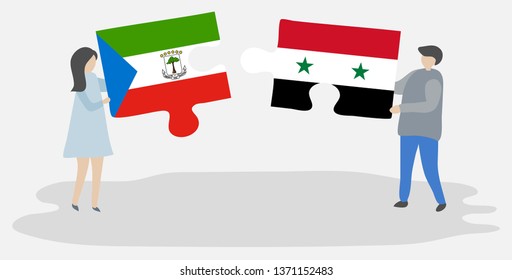 Couple holding two puzzles pieces with Equatorial Guinean and Syrian flags. Equatorial Guinea and Syria national symbols together.