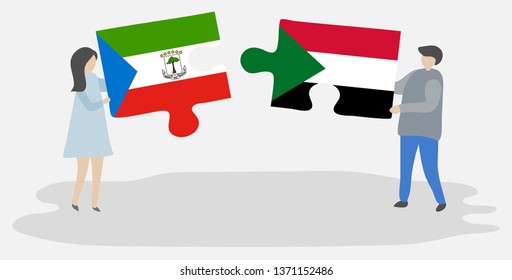 Couple holding two puzzles pieces with Equatorial Guinean and Sudanese flags. Equatorial Guinea and Sudan national symbols together.