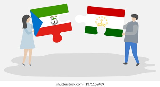 Couple holding two puzzles pieces with Equatorial Guinean and Tajikistani flags. Equatorial Guinea and Tajikistan national symbols together.