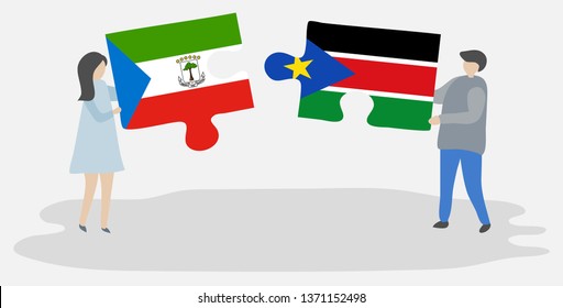 Couple holding two puzzles pieces with Equatorial Guinean and South Sudanese flags. Equatorial Guinea and South Sudan national symbols together.