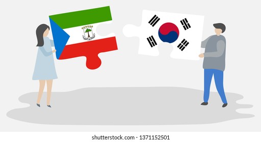 Couple holding two puzzles pieces with Equatorial Guinean and South Korean flags. Equatorial Guinea and South Korea national symbols together.