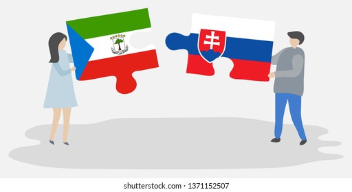 Couple holding two puzzles pieces with Equatorial Guinean and Slovak flags. Equatorial Guinea and Slovakia national symbols together.