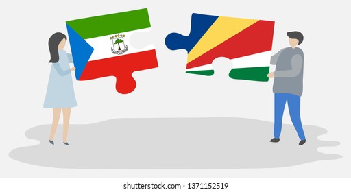 Couple holding two puzzles pieces with Equatorial Guinean and Seychellois flags. Equatorial Guinea and Seychelles national symbols together.