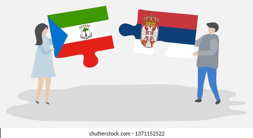Couple holding two puzzles pieces with Equatorial Guinean and Serbian flags. Equatorial Guinea and Serbia national symbols together.