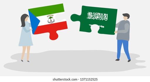 Couple holding two puzzles pieces with Equatorial Guinean and Saudi Arabian flags. Equatorial Guinea and Saudi Arabia national symbols together.