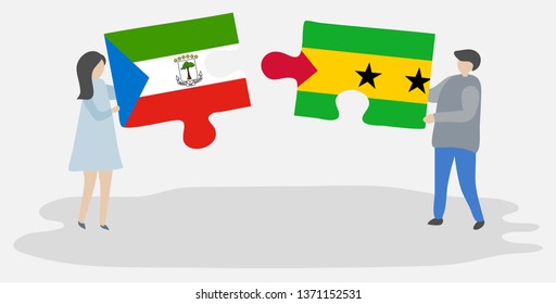 Couple holding two puzzles pieces with Equatorial Guinean and Sao Tomean flags. Equatorial Guinea and Sao Tome and Principe national symbols together.