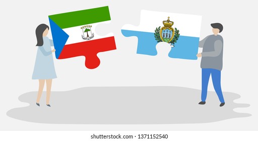 Couple holding two puzzles pieces with Equatorial Guinean and Sammarinese flags. Equatorial Guinea and San Marino national symbols together.