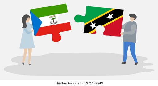 Couple holding two puzzles pieces with Equatorial Guinean and Kittitian flags. Equatorial Guinea and Saint Kitts and Nevis national symbols together.