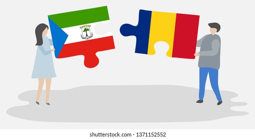 Couple holding two puzzles pieces with Equatorial Guinean and Romanian flags. Equatorial Guinea and Romania national symbols together.