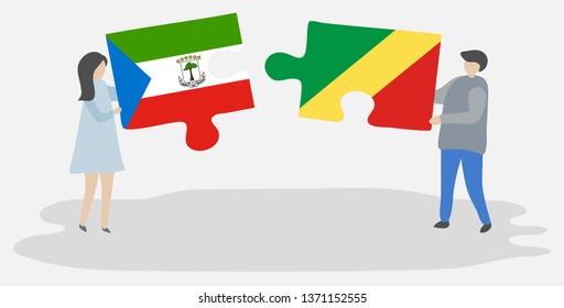 Couple holding two puzzles pieces with Equatorial Guinean and Congolese flags. Equatorial Guinea and Republic of the Congo national symbols together.