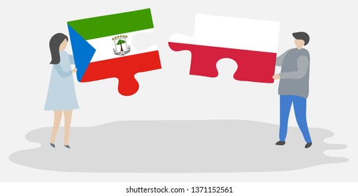 Couple holding two puzzles pieces with Equatorial Guinean and Polish flags. Equatorial Guinea and Poland national symbols together.