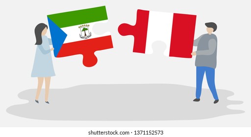Couple holding two puzzles pieces with Equatorial Guinean and Peruvian flags. Equatorial Guinea and Peru national symbols together.