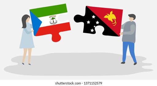 Couple holding two puzzles pieces with Equatorial Guinean and Papuan flags. Equatorial Guinea and Papua New Guinea national symbols together.