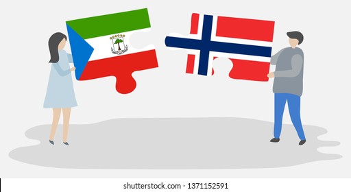 Couple holding two puzzles pieces with Equatorial Guinean and Norwegian flags. Equatorial Guinea and Norway national symbols together.