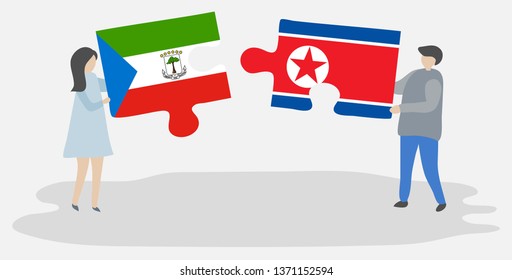 Couple holding two puzzles pieces with Equatorial Guinean and North Korean flags. Equatorial Guinea and North Korea national symbols together.
