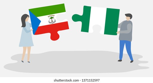 Couple holding two puzzles pieces with Equatorial Guinean and Nigerian flags. Equatorial Guinea and Nigeria national symbols together.