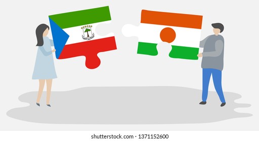 Couple holding two puzzles pieces with Equatorial Guinean and Nigerien flags. Equatorial Guinea and Niger national symbols together.