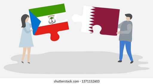Couple holding two puzzles pieces with Equatorial Guinean and Qatari flags. Equatorial Guinea and Qatar national symbols together.
