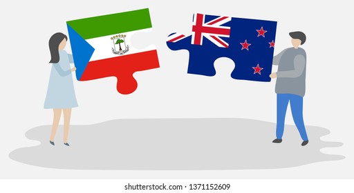 Couple holding two puzzles pieces with Equatorial Guinean and NZ flags. Equatorial Guinea and New Zealand national symbols together.