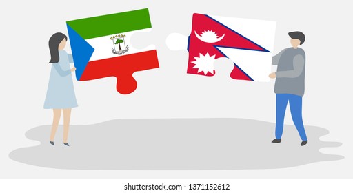 Couple holding two puzzles pieces with Equatorial Guinean and Nepalese flags. Equatorial Guinea and Nepal national symbols together.