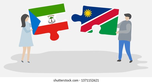 Couple holding two puzzles pieces with Equatorial Guinean and Namibian flags. Equatorial Guinea and Namibia national symbols together.