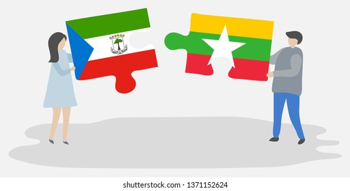 Couple holding two puzzles pieces with Equatorial Guinean and Burmese flags. Equatorial Guinea and Myanmar national symbols together.